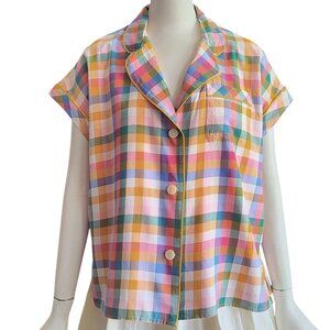 Madewell Rainbow Plaid Check Cotton Pajama Lounge Sleep Top w Pocket M Sold Out
